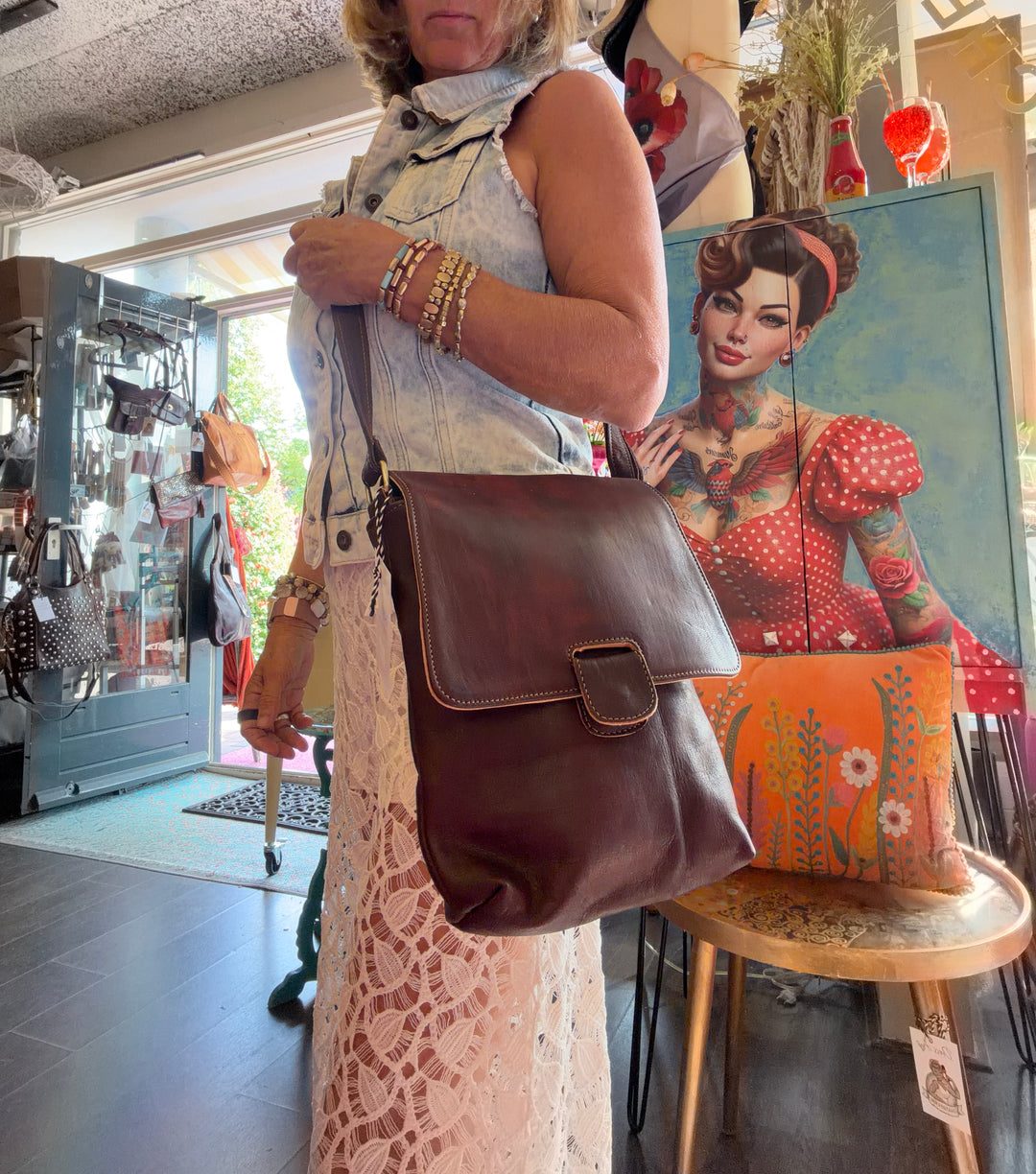 Vintage leren schoudertas – donkerbruin/bordeaux “Valencia”