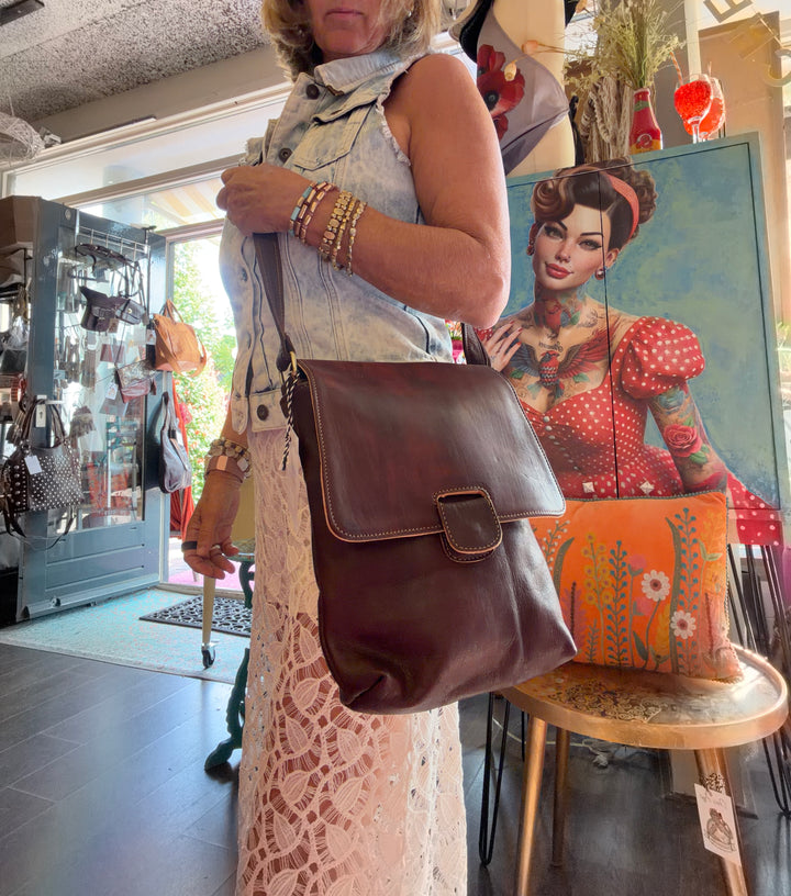 Vintage leren schoudertas – donkerbruin/bordeaux “Valencia”