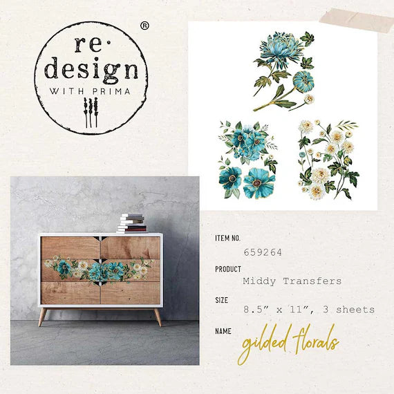 Re-design MIDDY transfer "GILDED FLORAL" – 3 SHEETS